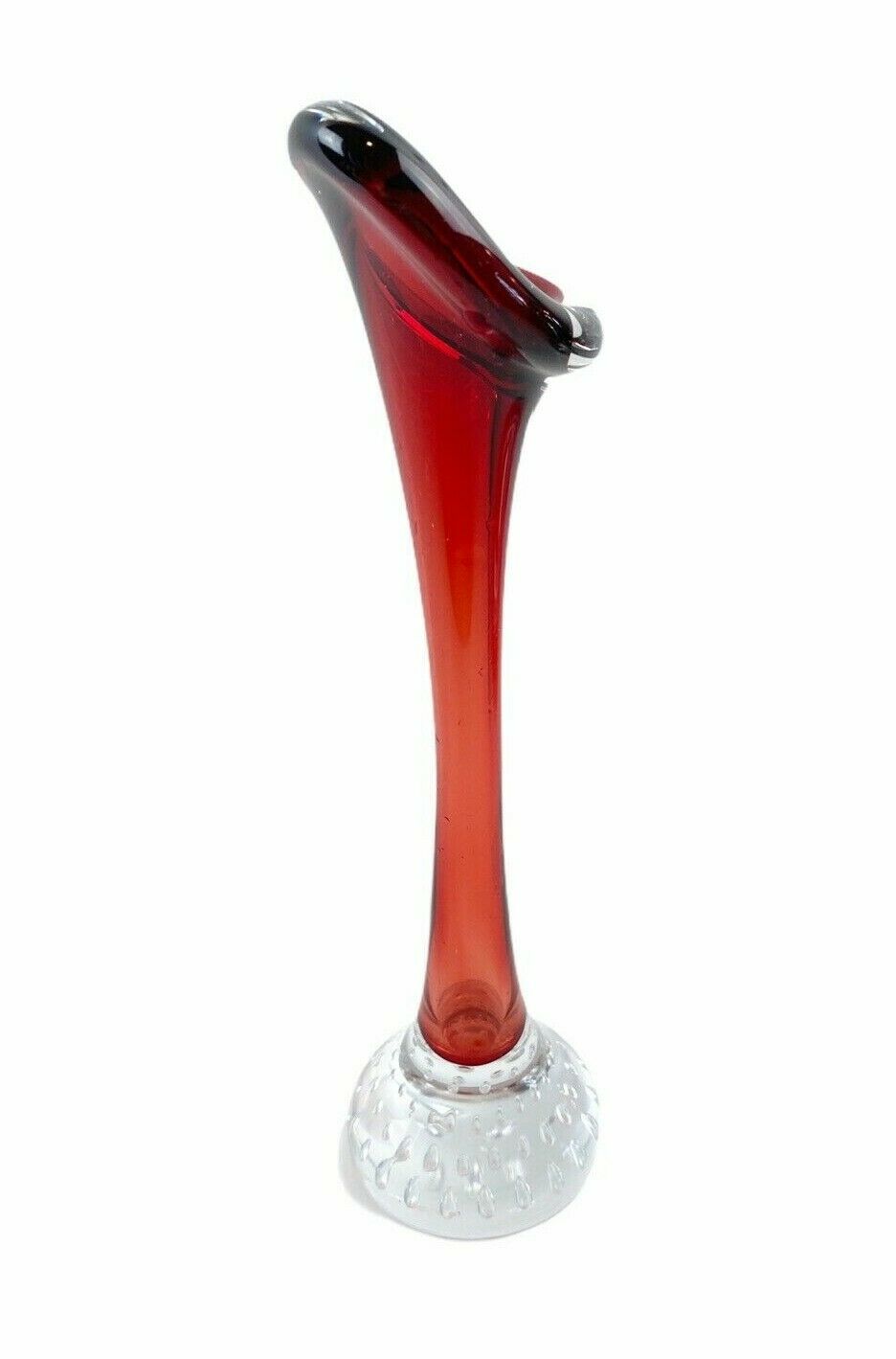 ITALIAN ART GLASS Bud Vase Red With Clear Bubbled Base and Turned Down Opening