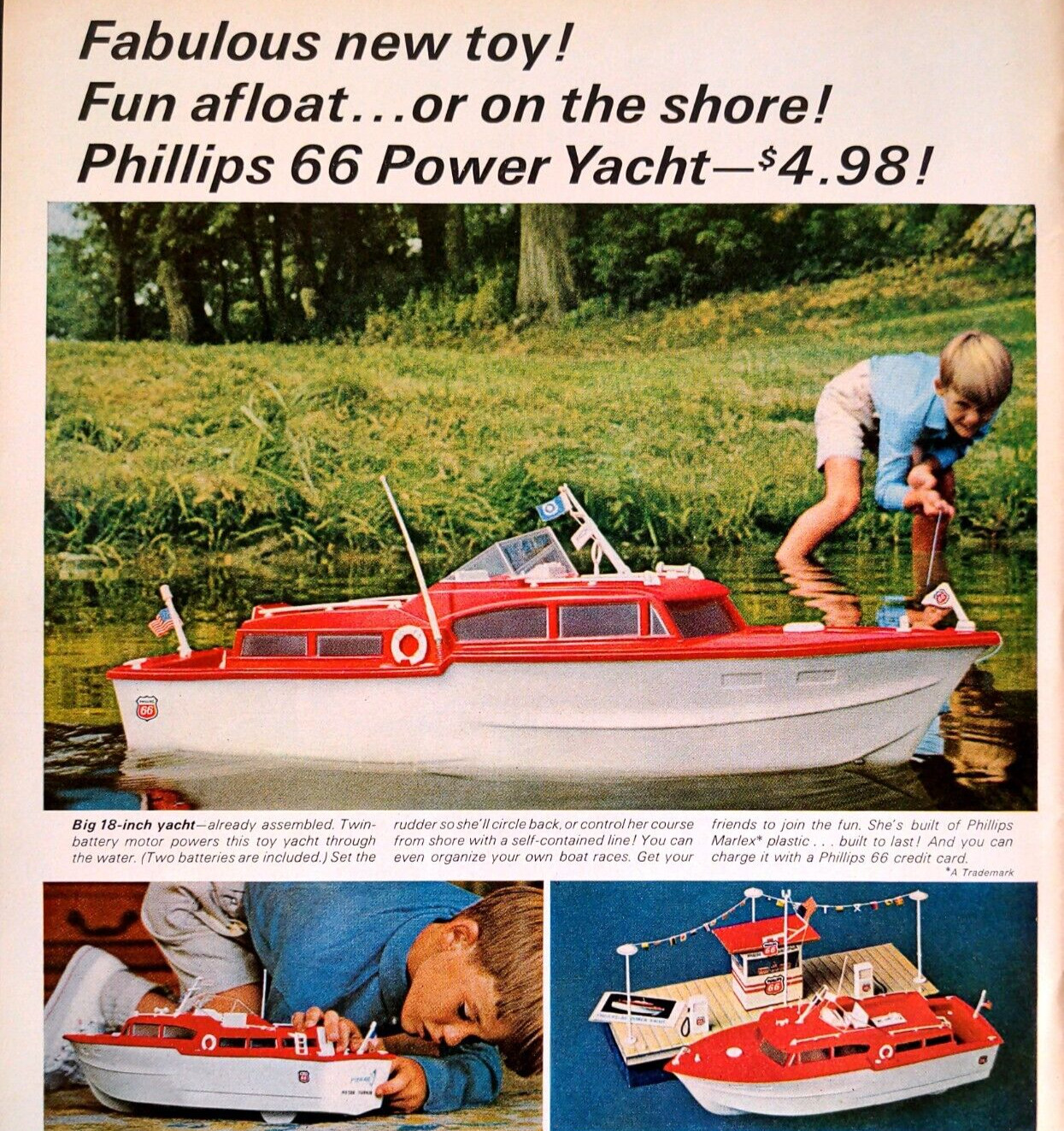 1965 Phillips 66 Print Ad Power Yacht Toy Promotion 18 Inch Twin Battery Motor