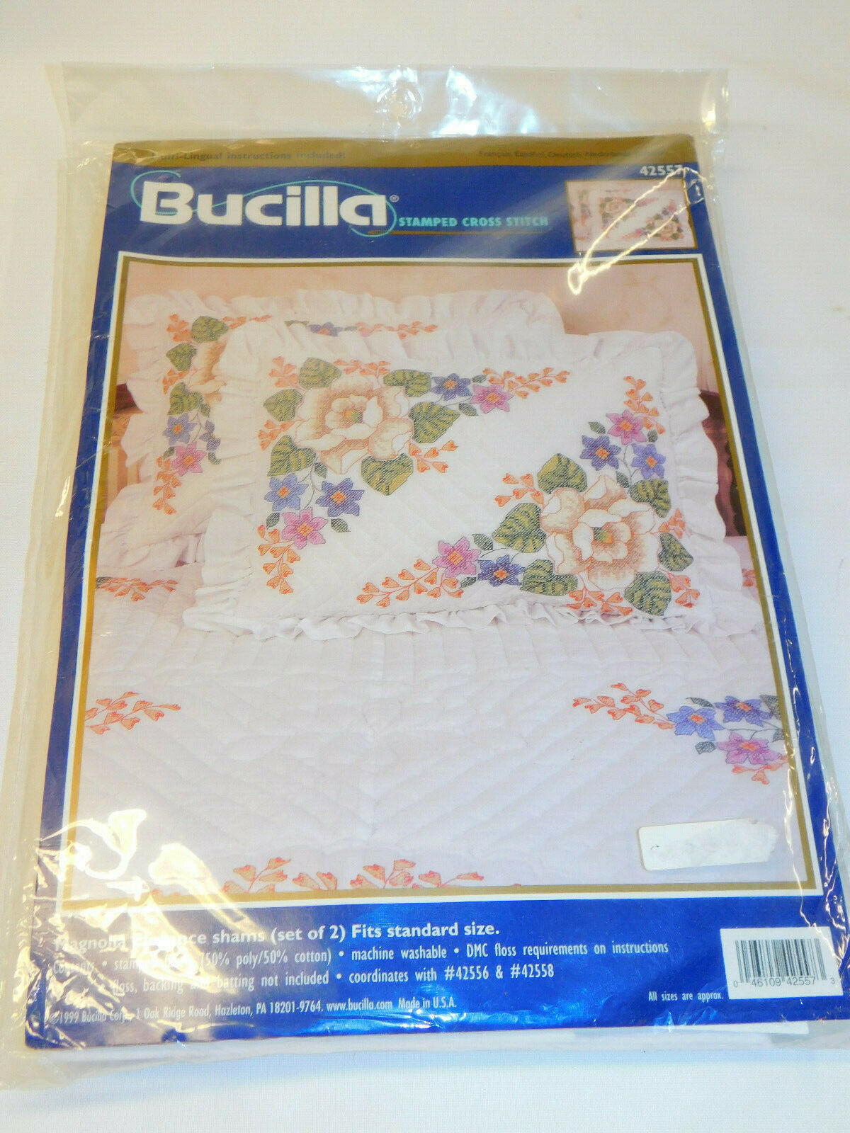 Vintage Bucilla Kit Stamped Cross Stitch Magnolia Elegance Shams Set Of 2 42557