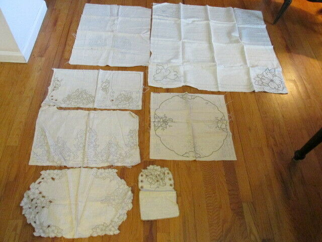 Vtg Stamped To Embroider 100% Linen Lot Tablecloth Napkin Doily Readytofini   Sf