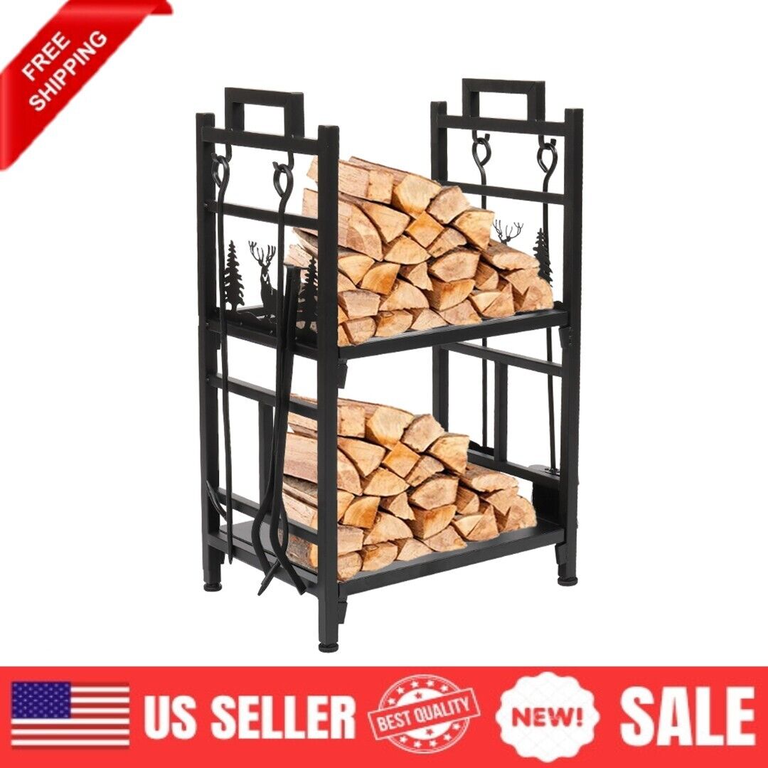 2-Layer Firewood Log Rack Fireplace Storage Holder Logs Animal Pattern and Tools
