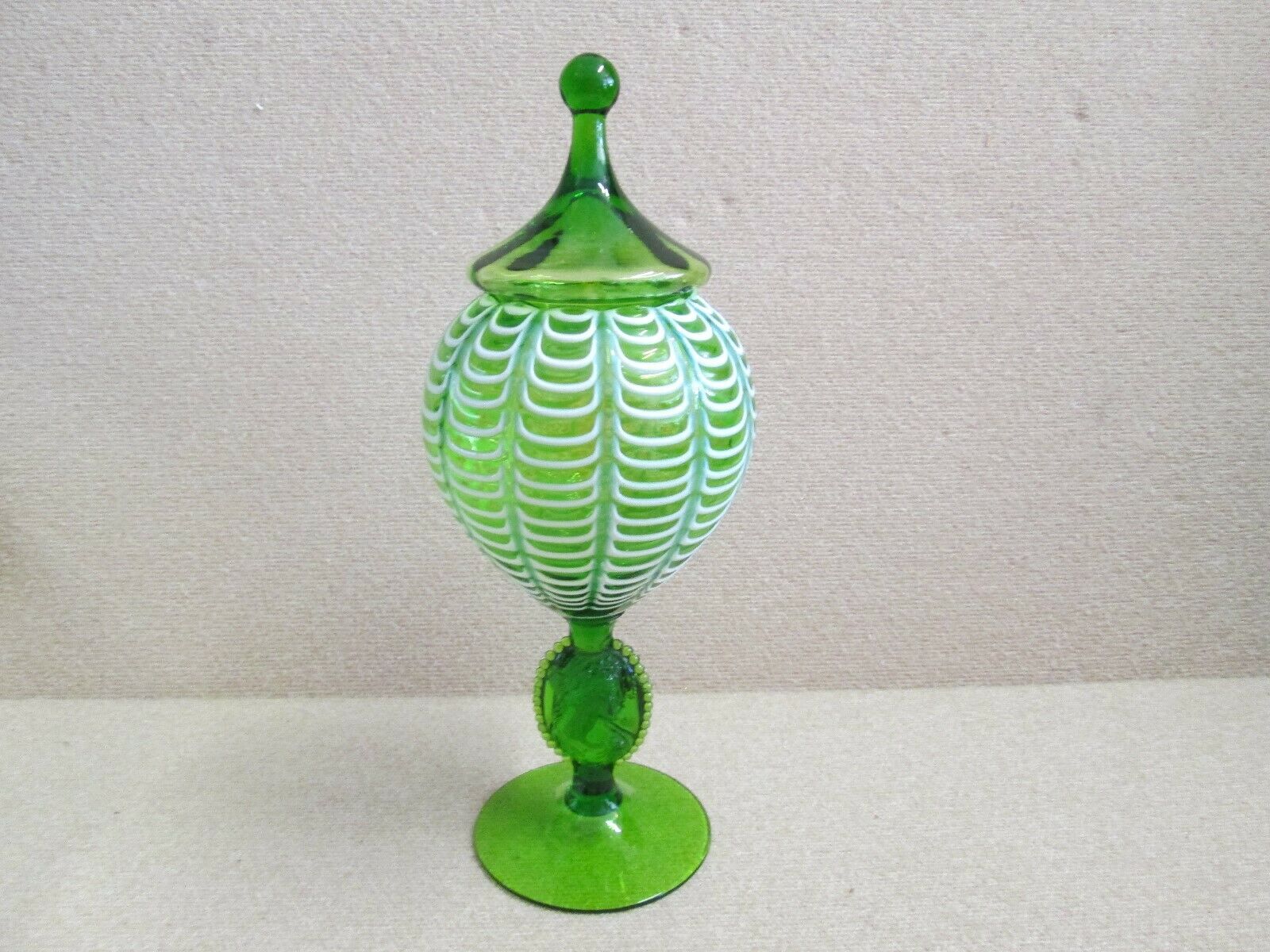 Empoli Italian GREEN WHITE ICING STRIPED Covered Compote Greek Medallion Glass