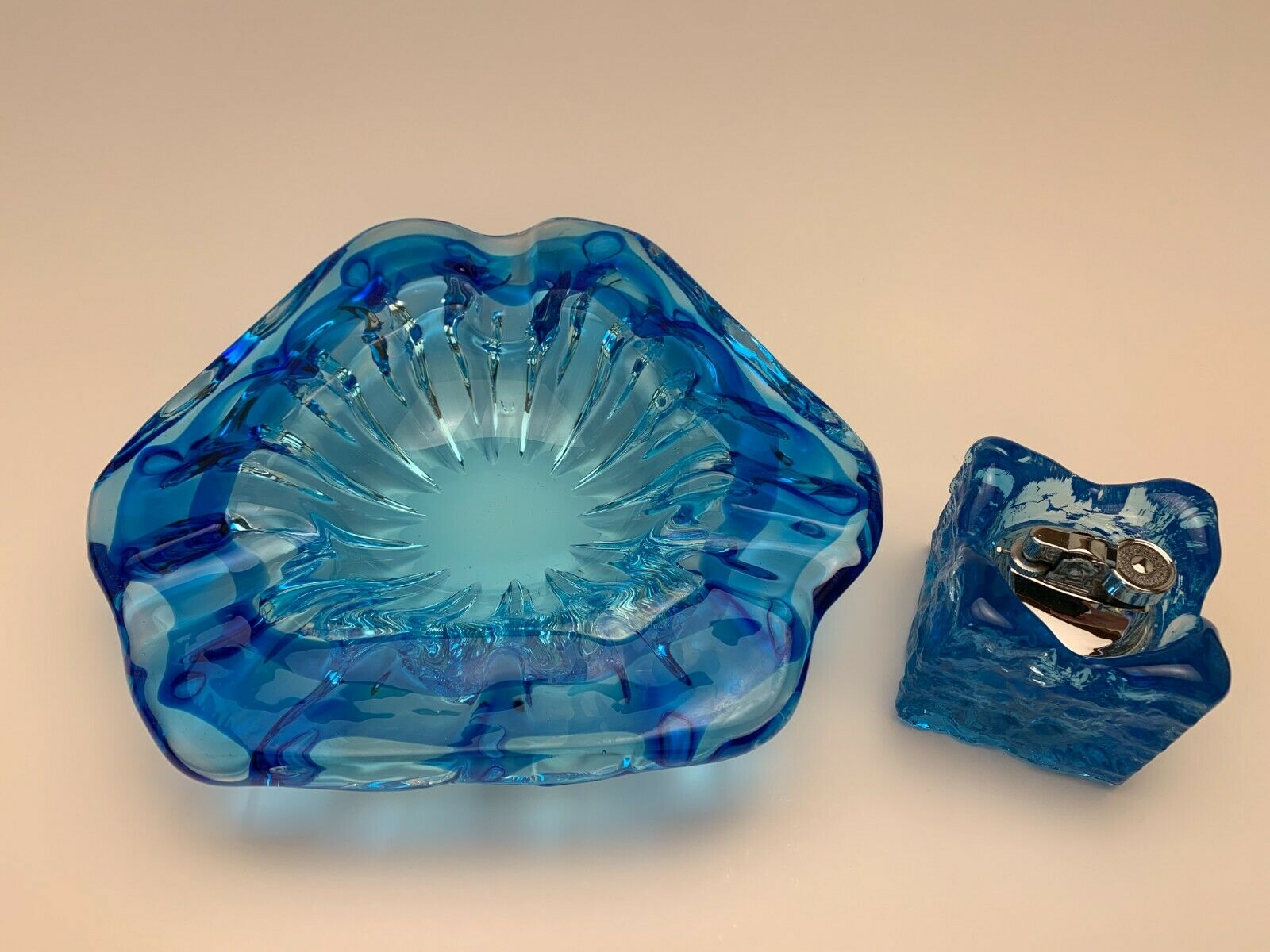 Vintage Blue Turquoise Art Glass Ashtray/Table Lighter Set - Mid-Century Modern