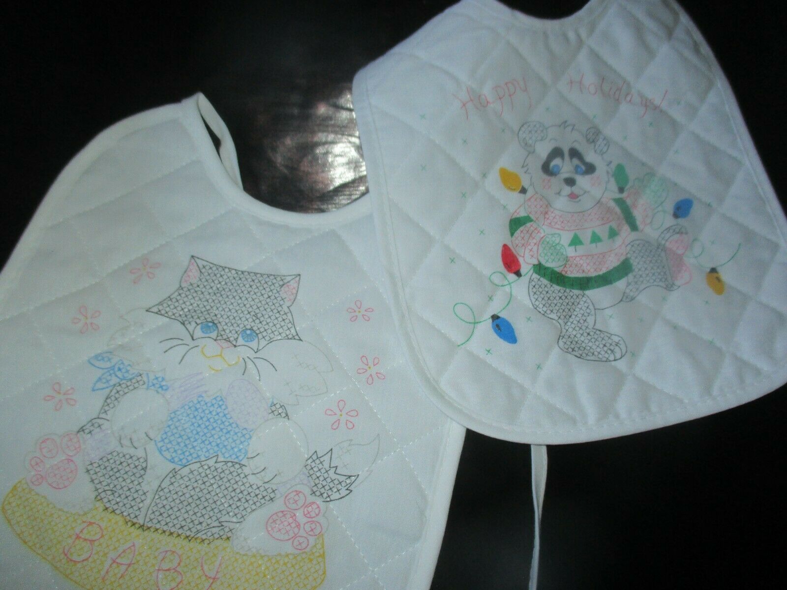Noop Vintage Christmas Panda & Baby Cat Stamped Embroidery Quilted Baby Bibs