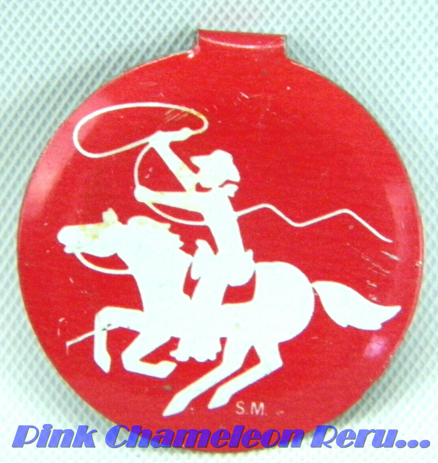 Vintage Fold Over Metal Pin Button Rodeo Cowboy Horse Red White