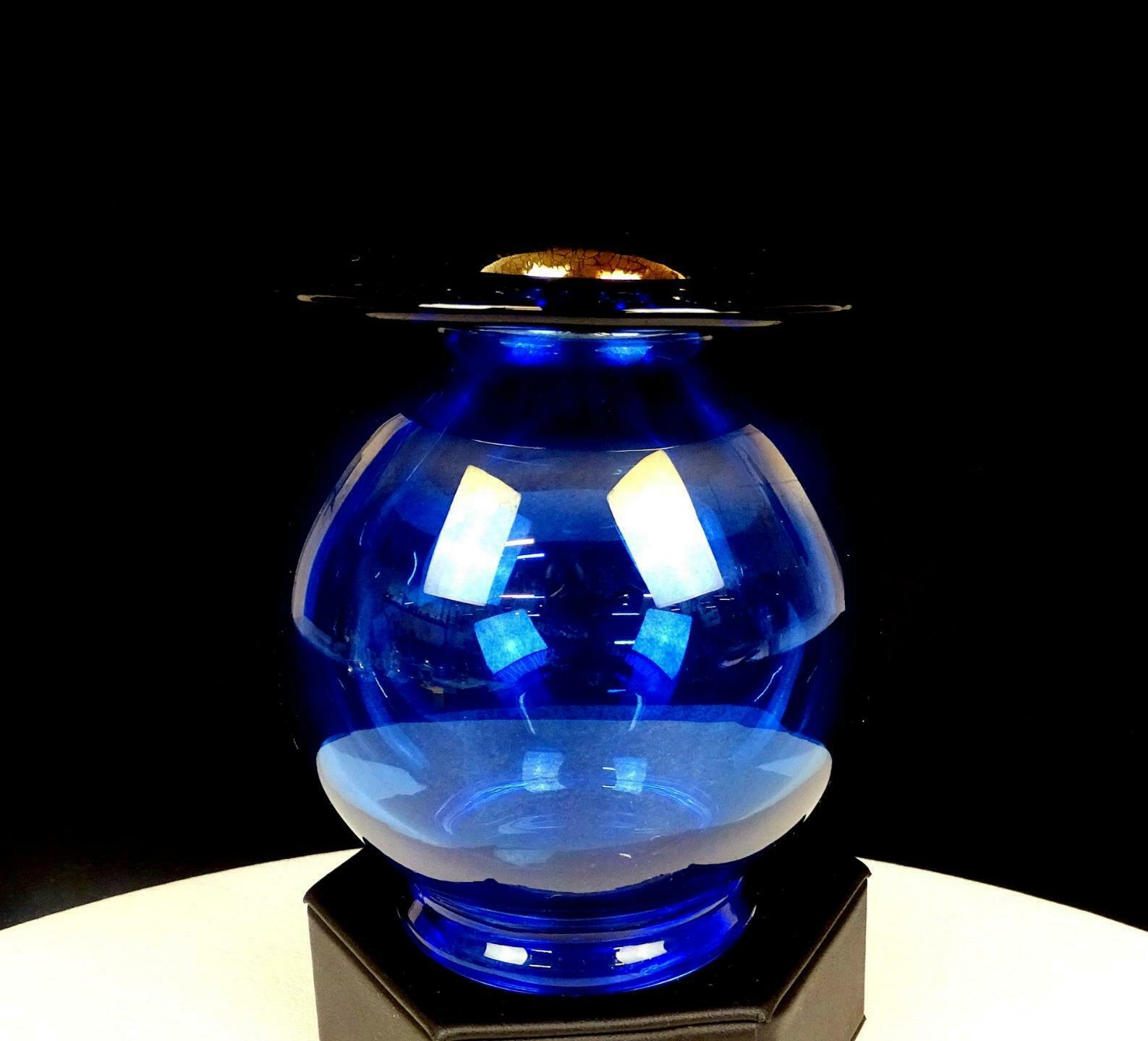 MURANO ITALY ART GLASS BLUE IRIDESCENT ONION SKIN RIM 4 1/4